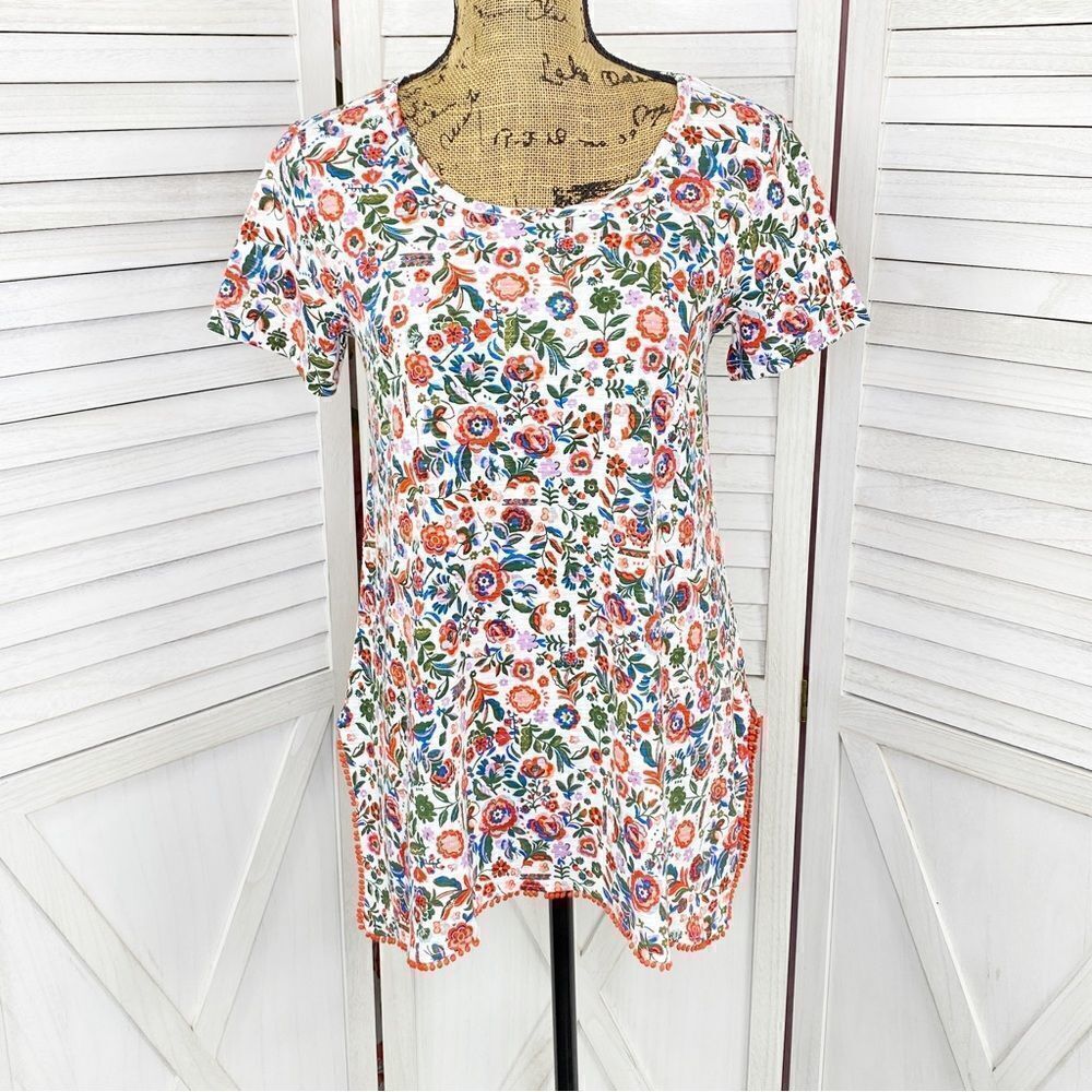 C Wonder Floral PomPom Hem Tunic‎ Tee Shirt White Multi XXS